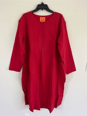 CONIGLIO PALM BEACH Red Maxi Linen/Cotton Long Sleeve Tunic with High Side Slits